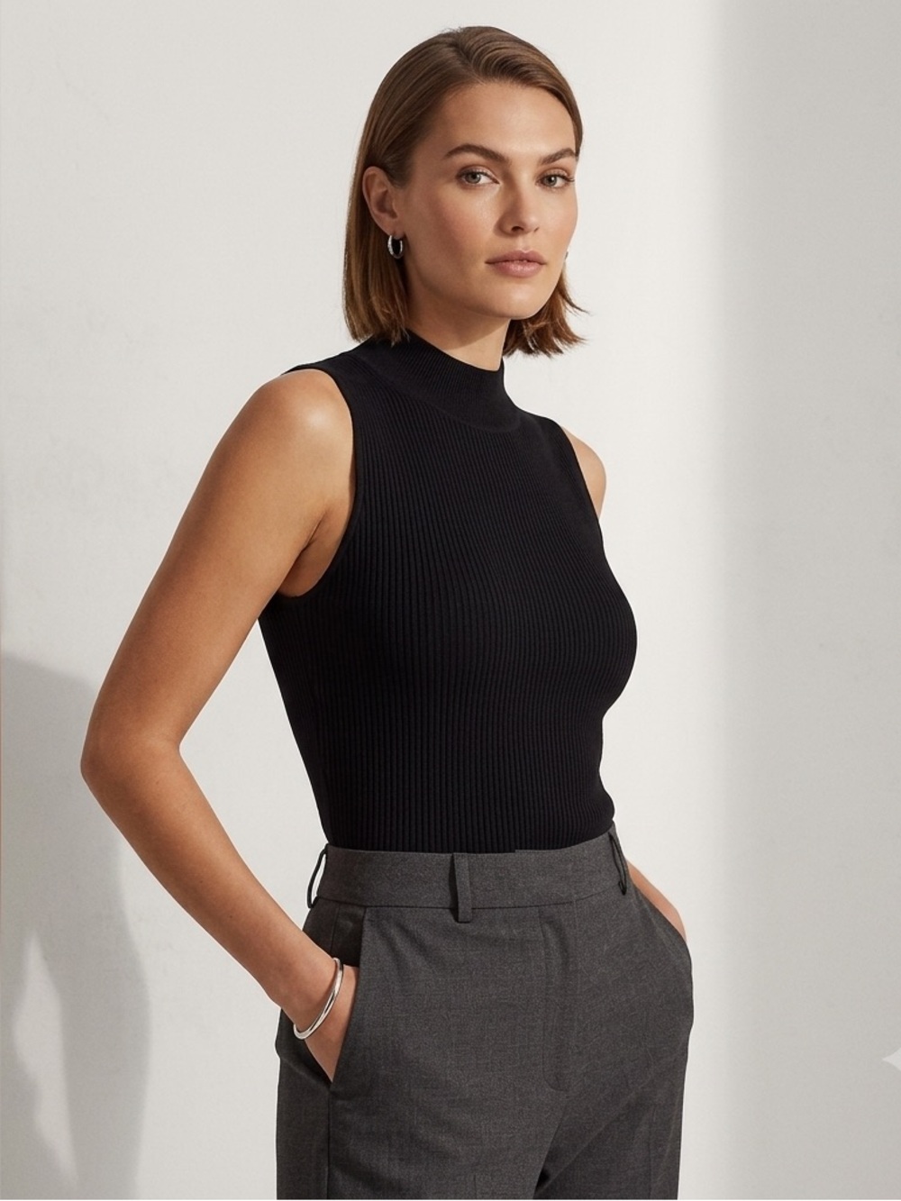 H Halston Heritage Black Ribbed Tank Top, Sleeveless Shirt, Size Large